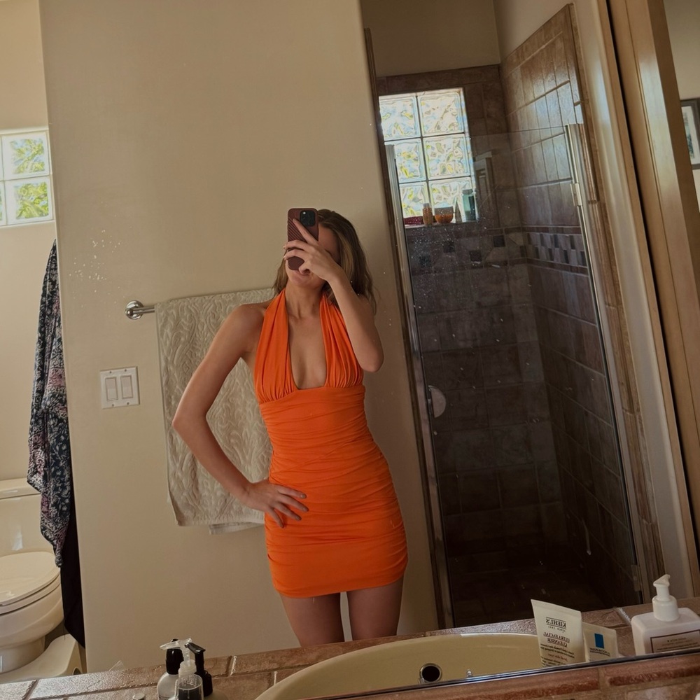 Zara Ruched Bodycon Halter Dress - Orange